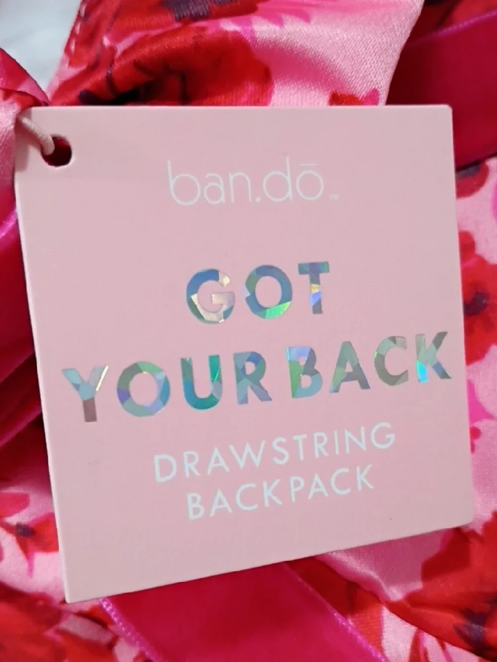 ban.do NWT Pink Satiny Drawstring Backpack with Red Floral Print